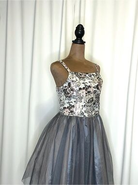 NWOT. Floral Brocade Bodice Silver Tulle Party Dress